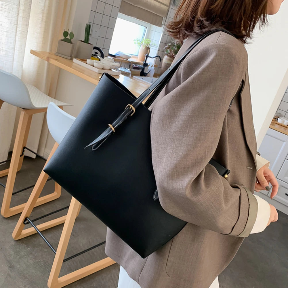Solid Women PU Leather Shoulder Handbags Large Capacity Tote Clutches