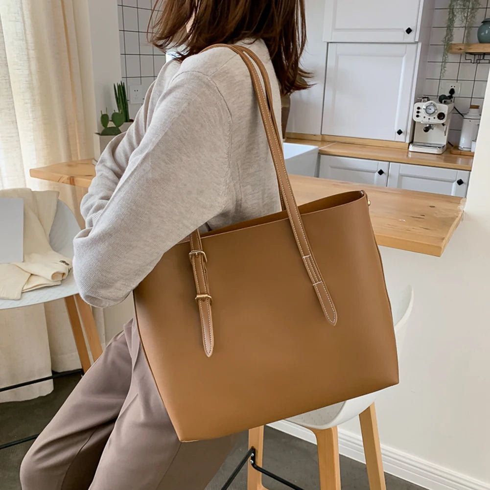 Solid Women PU Leather Shoulder Handbags Large Capacity Tote Clutches