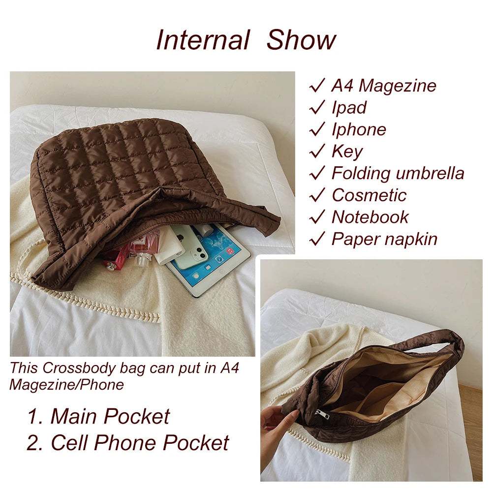 Soft Quilted Crossbody Bag Women Nylon Shoulder Shopper Bag