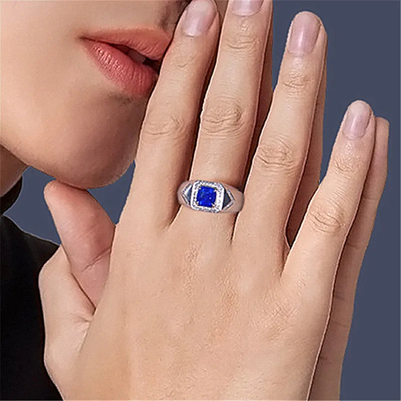 Crystal Sapphire Diamond Men's Ring Silver Jewelry