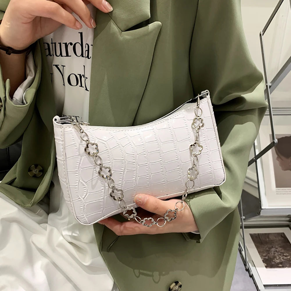Stone Pattern Leather Women Shoulder Bag Flower Chain Handbag Tote