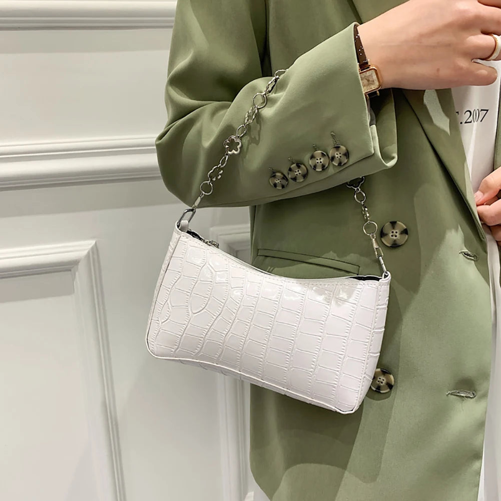 Stone Pattern Leather Women Shoulder Bag Flower Chain Handbag Tote
