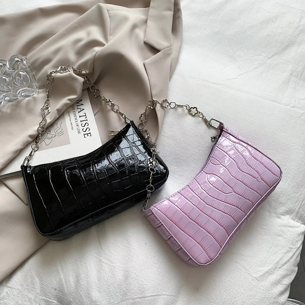 Stone Pattern Leather Women Shoulder Bag Flower Chain Handbag Tote