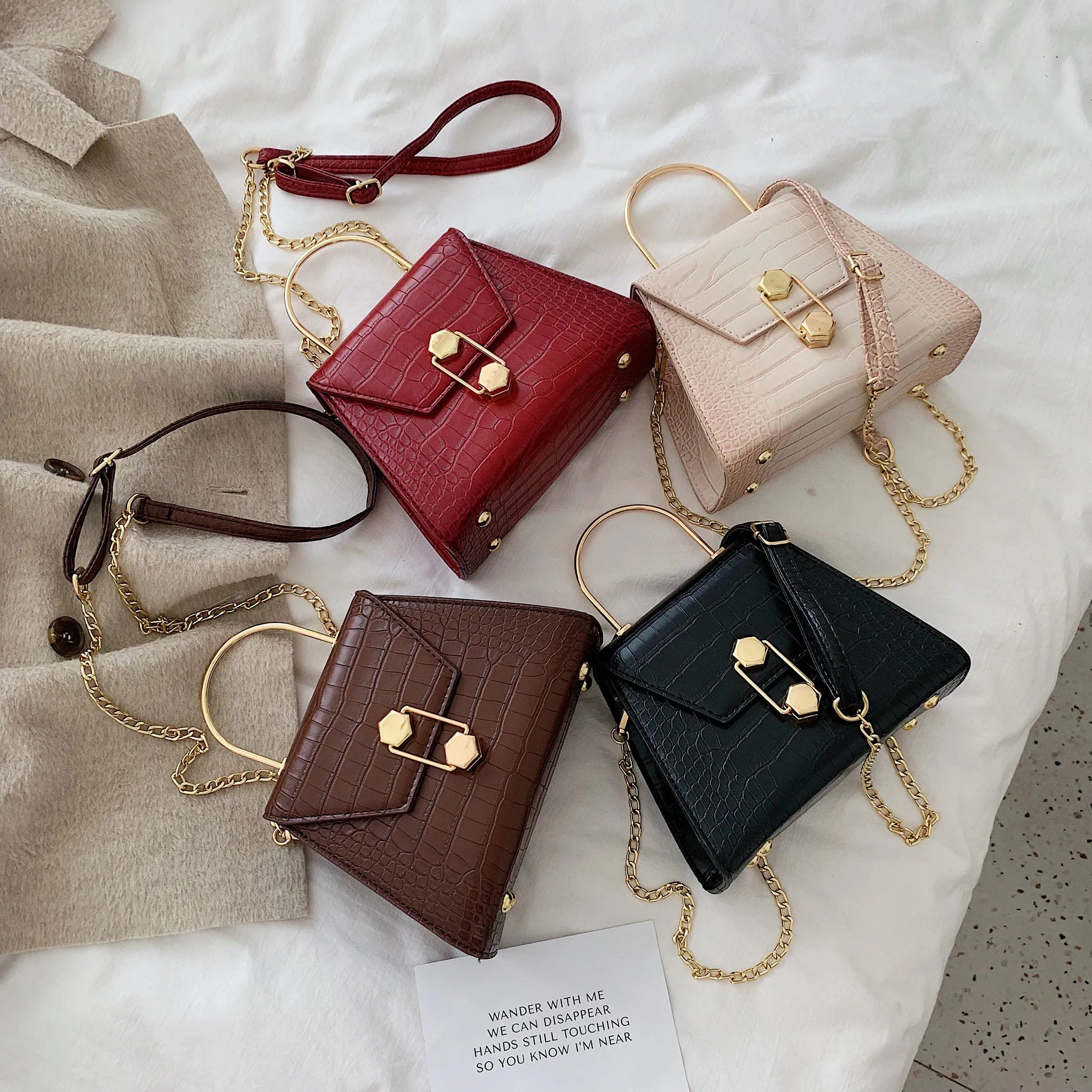 Stone Pattern Crossbody Bag Metal Handle Shoulder Messenger Handbag
