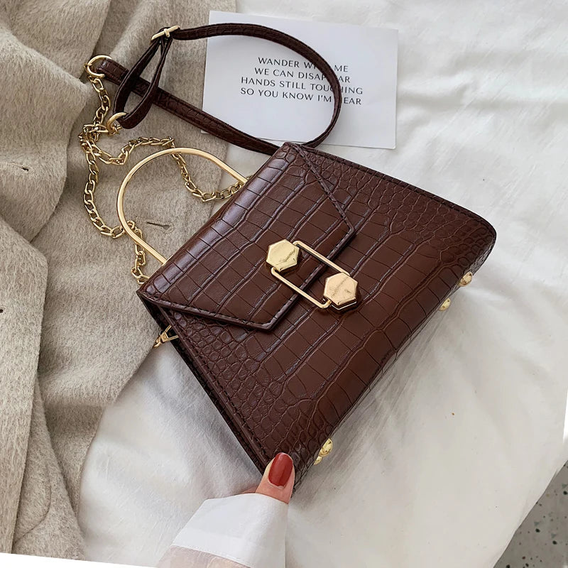 Stone Pattern Crossbody Bag Metal Handle Shoulder Messenger Handbag