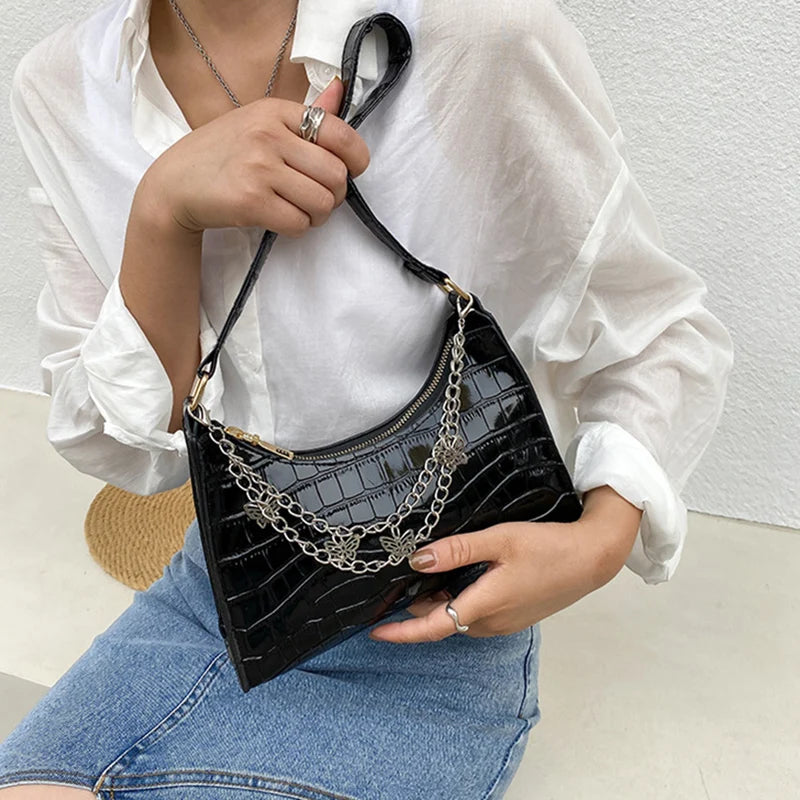 Stone Pattern Shoulder Bags for Women, Butterfly Chains Armpit Handbag