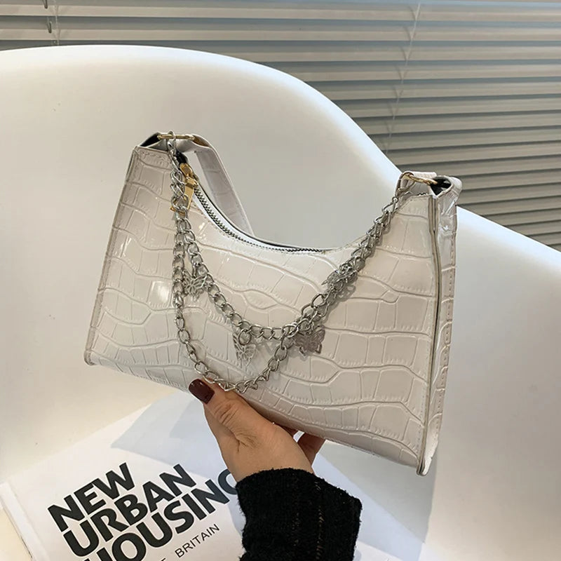 Stone Pattern Shoulder Bags for Women, Butterfly Chains Armpit Handbag