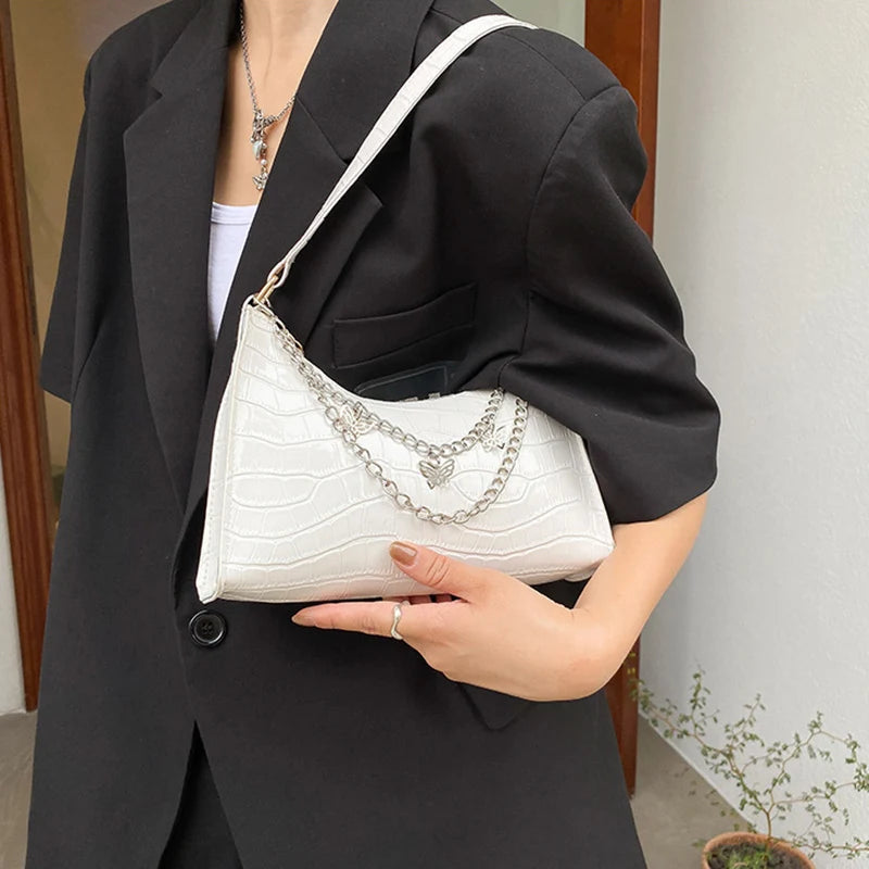Stone Pattern Shoulder Bags for Women, Butterfly Chains Armpit Handbag