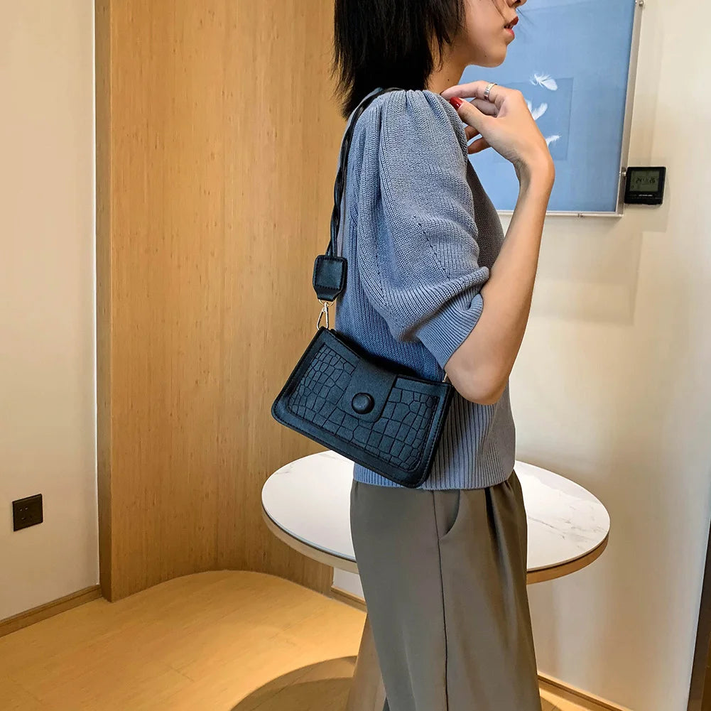 Stone Pattern Women Shoulder Bag PU Retro Woven Strap