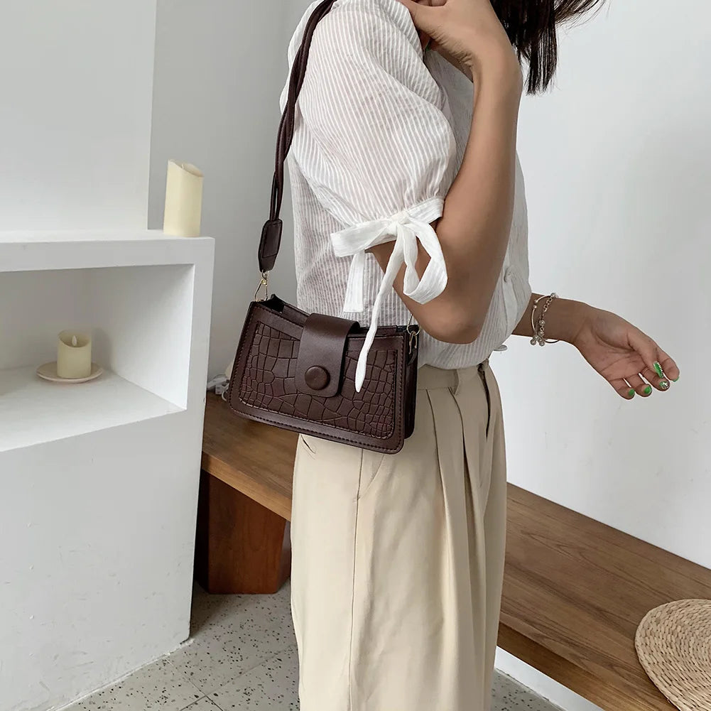 Stone Pattern Women Shoulder Bag PU Retro Woven Strap