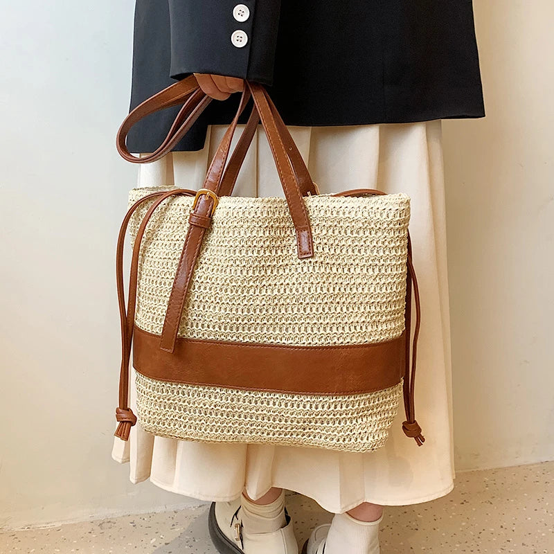 Rattan Woven Handbag Travel Shopper Casual Beach Shoulder Side Bag