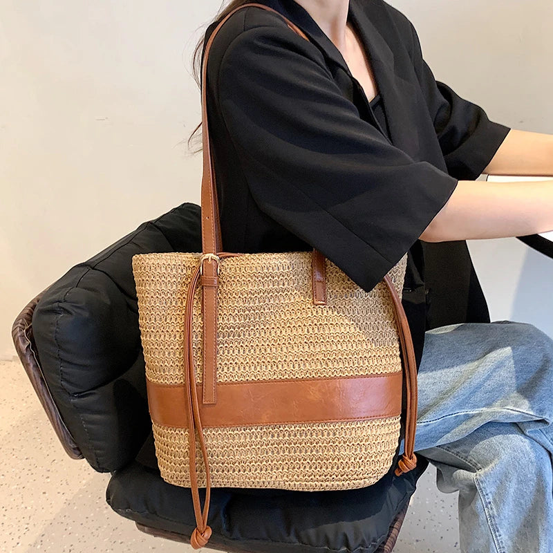 Rattan Woven Handbag Travel Shopper Casual Beach Shoulder Side Bag
