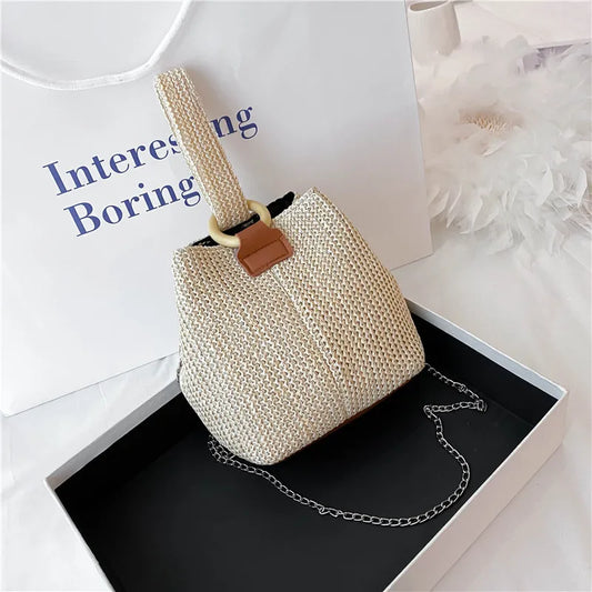 Straw Bucket Bag Women Hand-woven Handbag Beach Chain Shoulder Bag