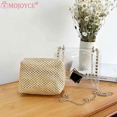 Straw Shoulder Bag Rivet Chain Purse Clear Women Travel Crossbody Bags