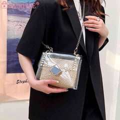 Straw Shoulder Bag Rivet Chain Purse Clear Women Travel Crossbody Bags