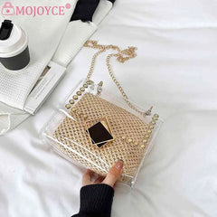 Straw Shoulder Bag Rivet Chain Purse Clear Women Travel Crossbody Bags