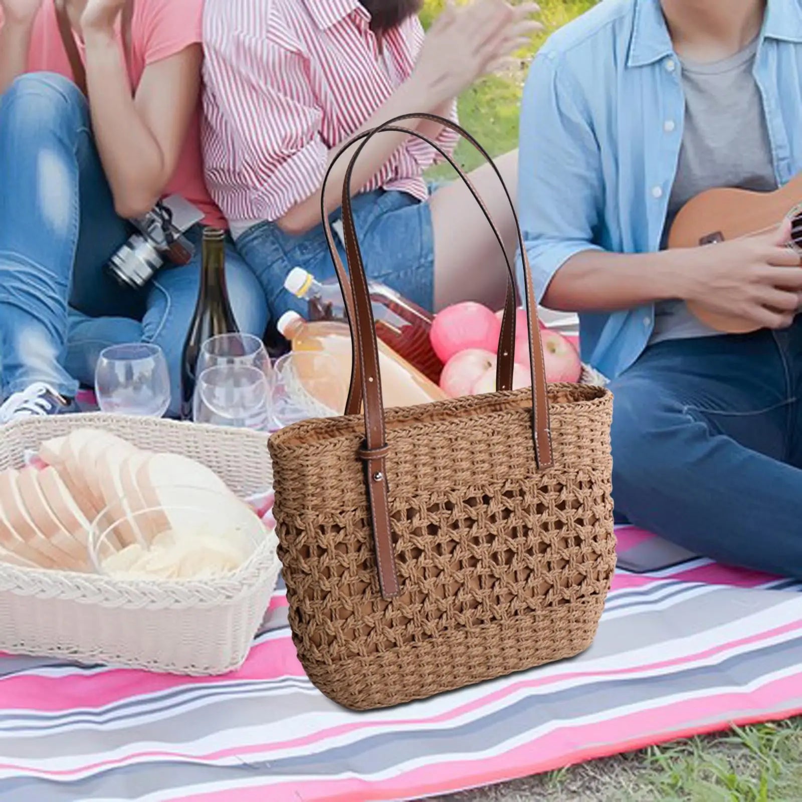 Bohemian Straw Shoulder Bag Large Capacity Woven Handbag for Vacation Travel