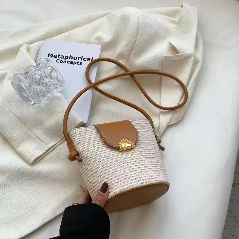 Woven Bucket Bag Straw Shoulder Messenger Bag