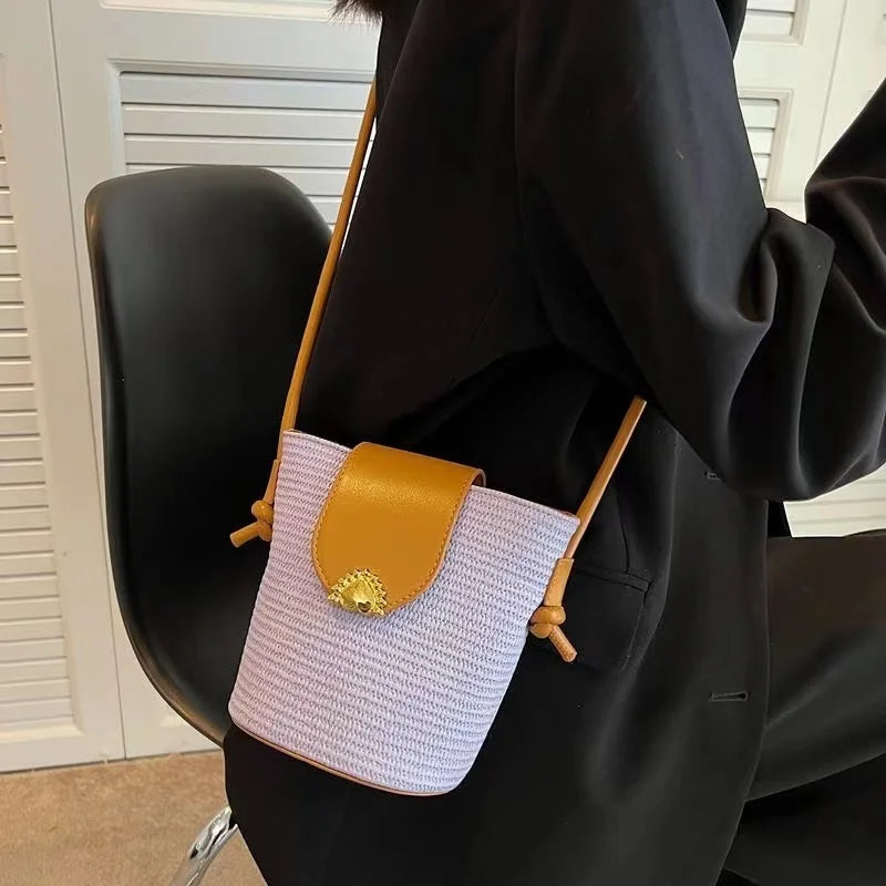 Woven Bucket Bag Straw Shoulder Messenger Bag