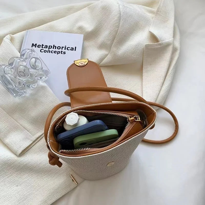 Woven Bucket Bag Straw Shoulder Messenger Bag