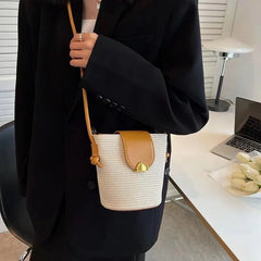 Woven Bucket Bag Straw Shoulder Messenger Bag