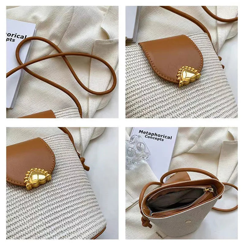 Woven Bucket Bag Straw Shoulder Messenger Bag