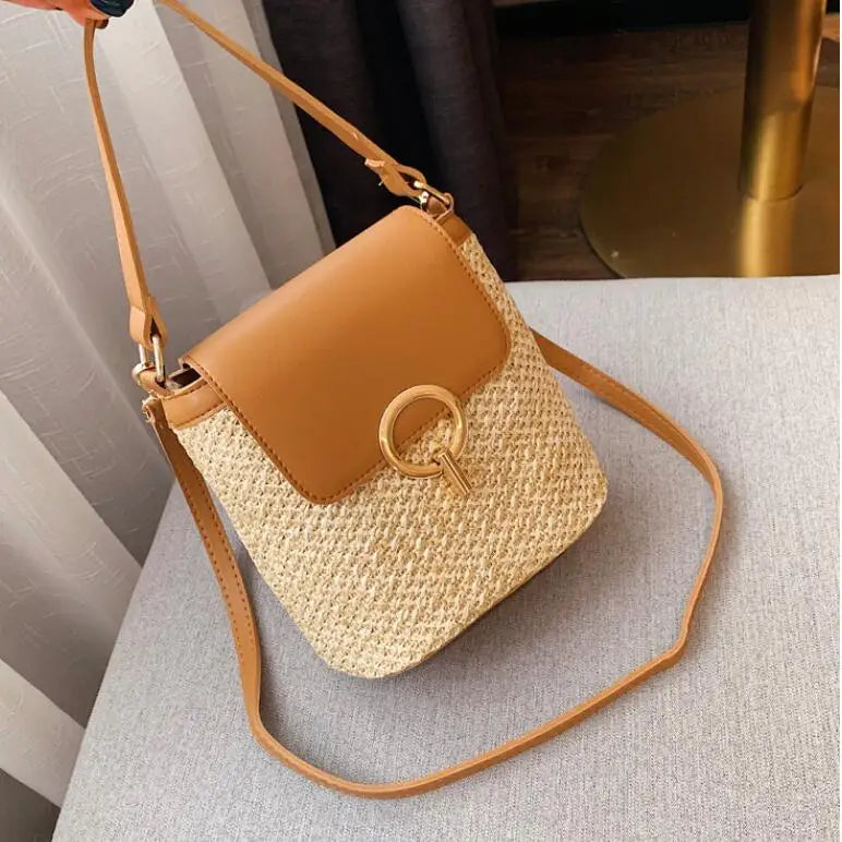 Straw Shoulder Messenger Bag Woven Bucket Bag Summer Beach Female Handbag