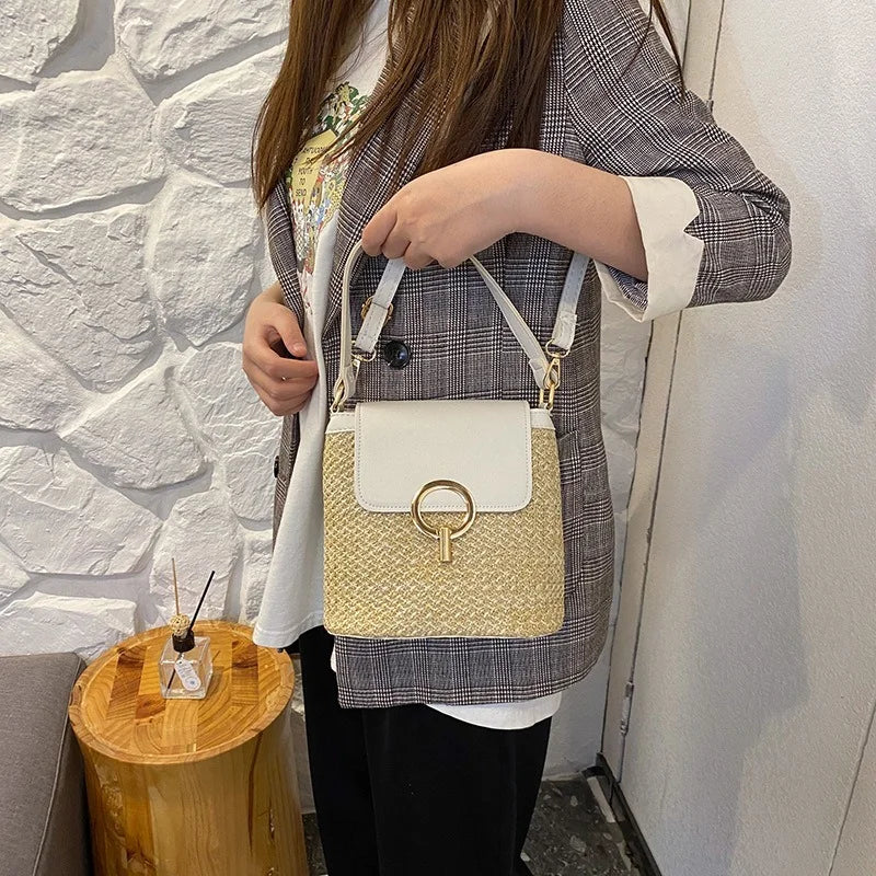Straw Shoulder Messenger Bag Woven Bucket Bag Summer Beach Female Handbag