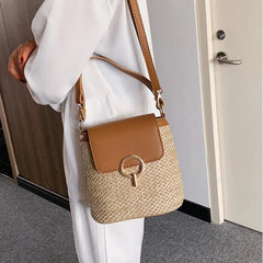 Straw Shoulder Messenger Bag Woven Bucket Bag Summer Beach Female Handbag