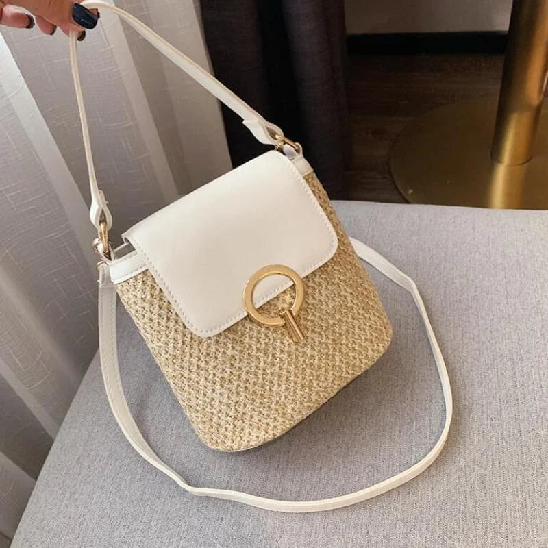 Straw Shoulder Messenger Bag Woven Bucket Bag Summer Beach Female Handbag