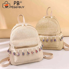 Straw Women Backpack Weave Tassel Beach Shoulder Schoolbag