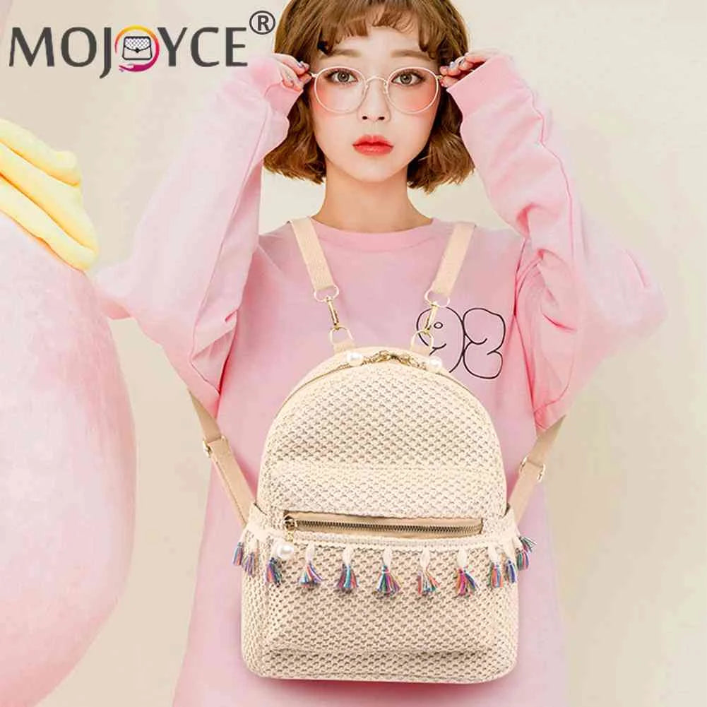 Straw Women Backpack Weave Tassel Shoulder Schoolbag Ladies Rucksack Mini Backpa