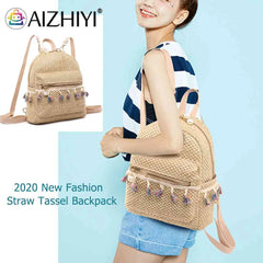 Straw Women Backpack Tassel Shoulder Schoolbag