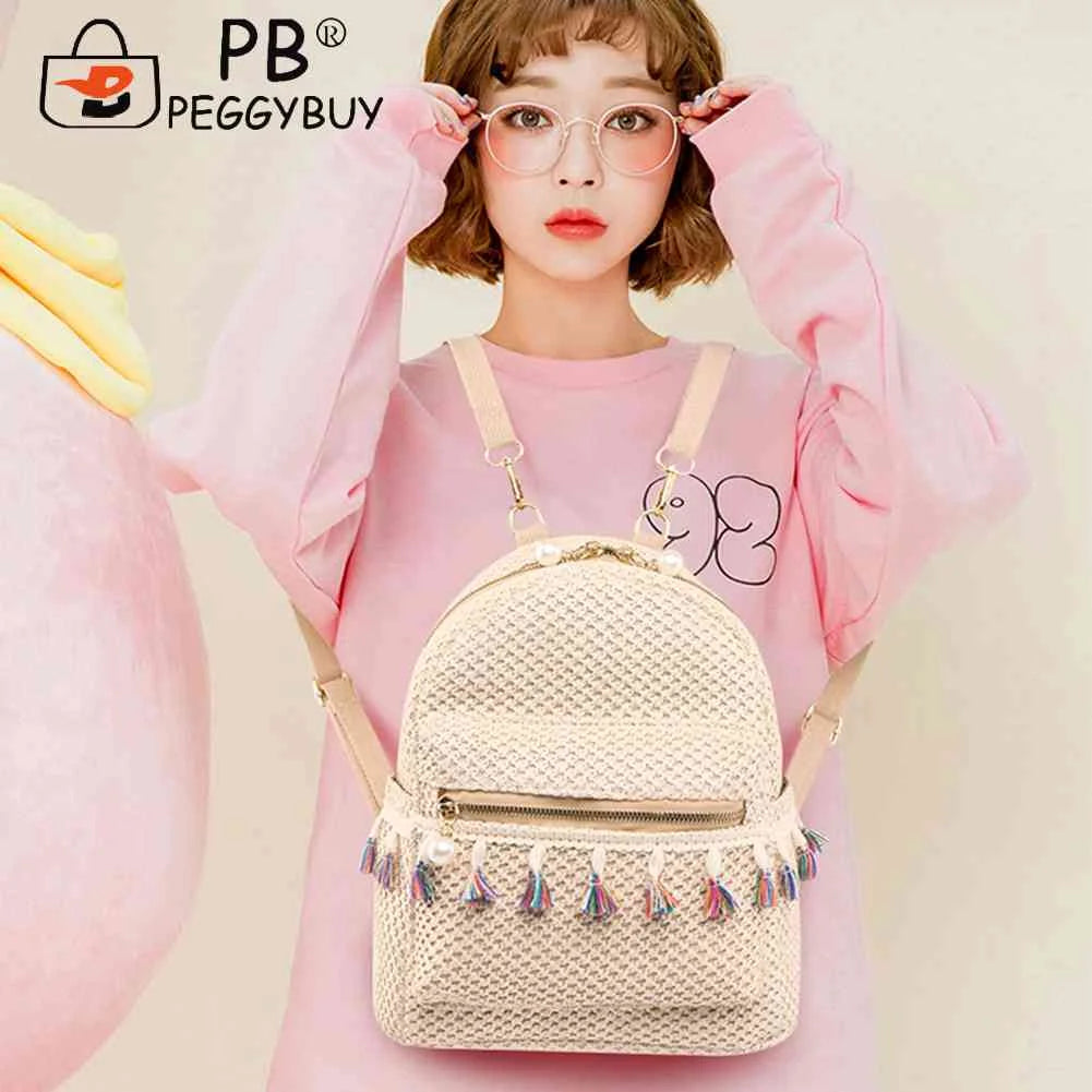 Straw Women Backpack Weave Tassel Beach Shoulder Schoolbag