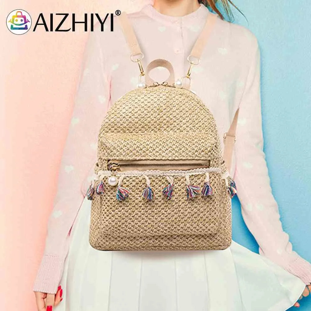 Straw Women Backpack Tassel Beach Shoulder Schoolbag Rucksack Mini Backpack