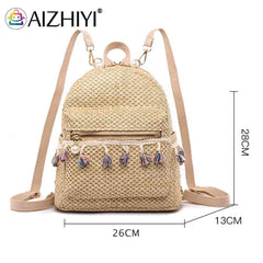 Straw Women Backpack Tassel Beach Shoulder Schoolbag Rucksack Mini Backpack