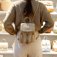 Straw Women Shoulder Bag Backpack Hand-Woven Female Beach Holiday Purse