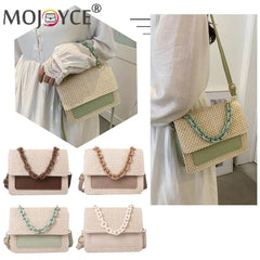 Straw Women Shoulder Messenger Bag with Acrylic Chain for Shopping
