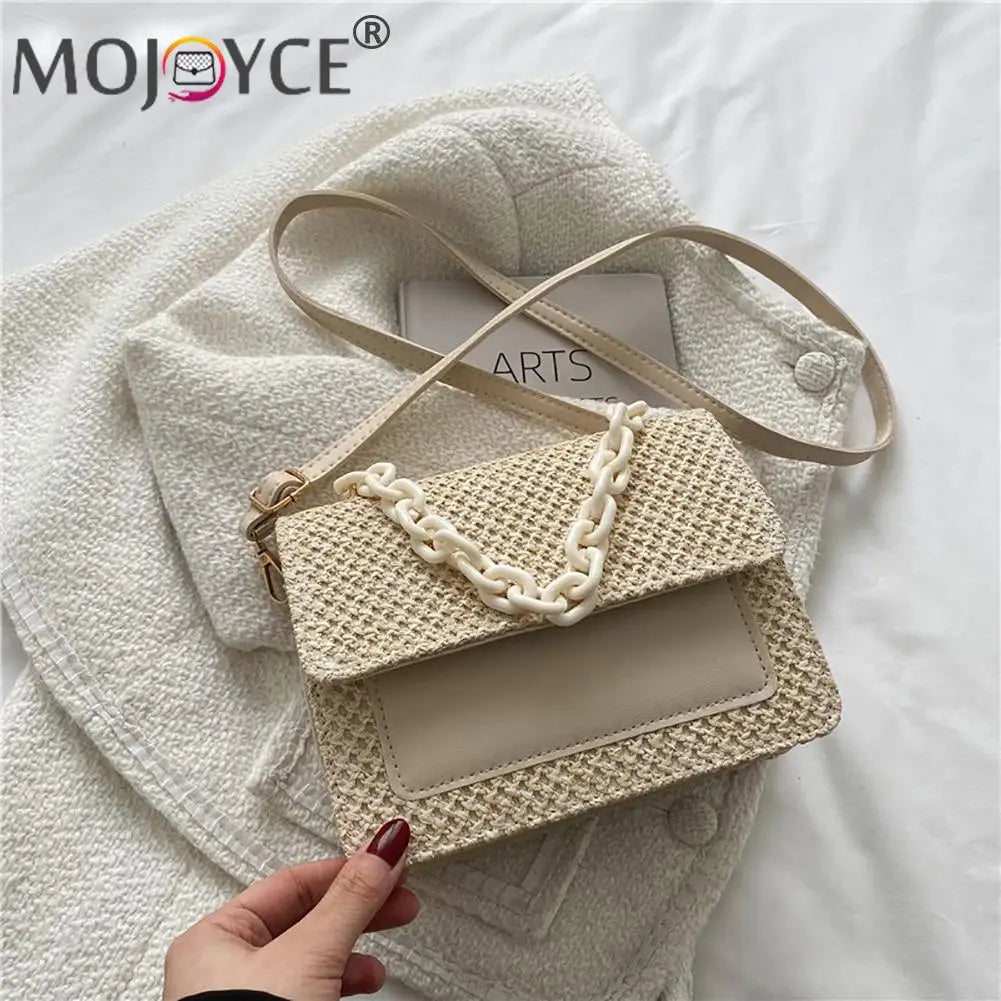 Straw Women Shoulder Messenger Bag with Acrylic Chain for Shopping