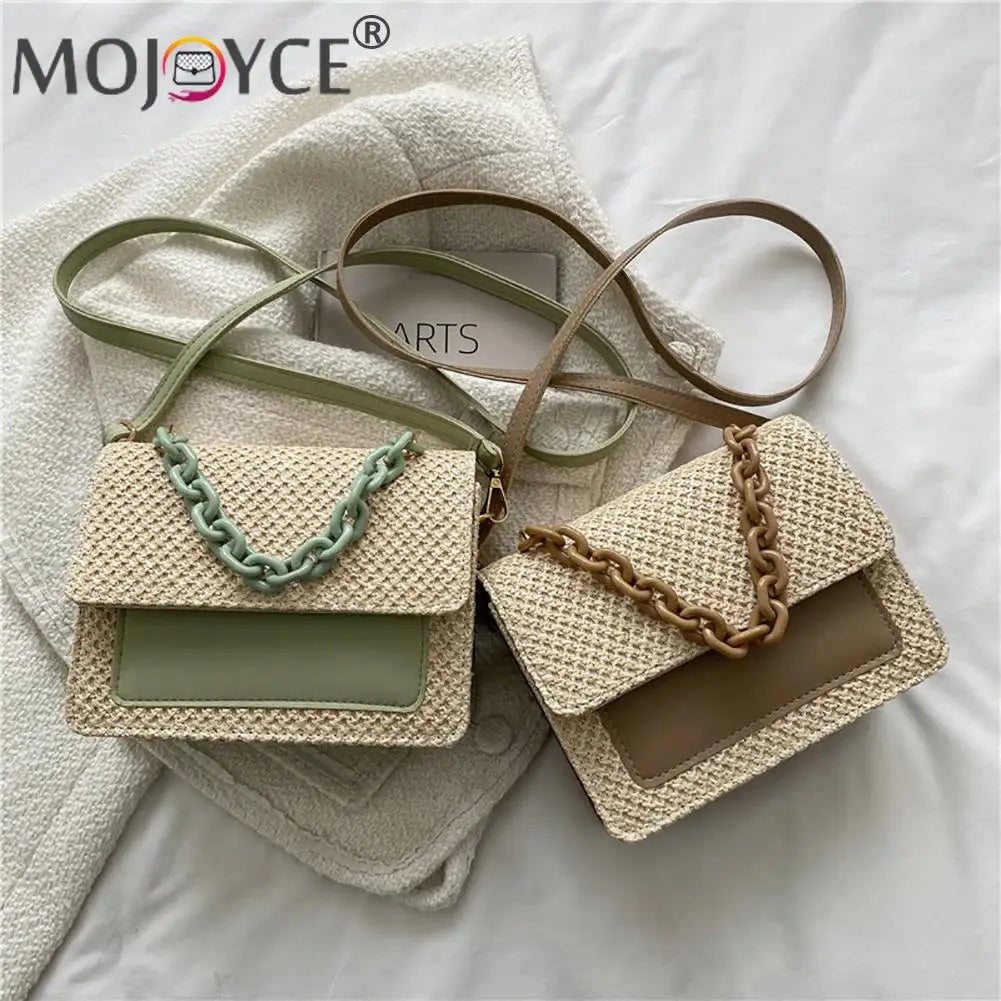 Straw Women Shoulder Messenger Bag with Acrylic Chain for Shopping