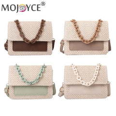 Straw Women Shoulder Messenger Bag with Acrylic Chain for Shopping