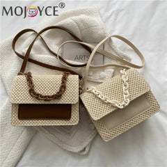 Straw Women Shoulder Messenger Bag with Acrylic Chain for Shopping