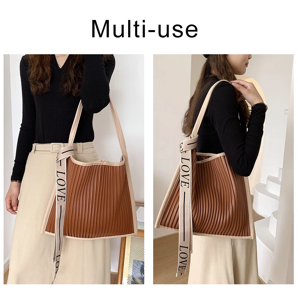 Stripe Leather Women Shoulder Bag Letter Tassel Female Crossbody Messenger Pack