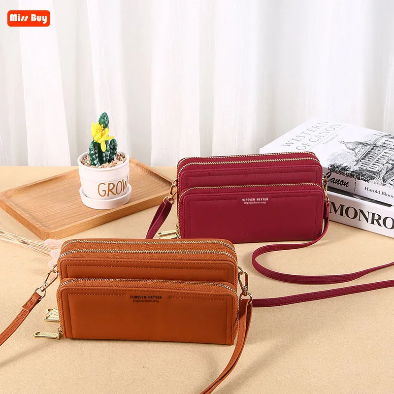 Summer Women's Wallet Long Double Layer Double Zipper Large Capacity PU Shoulder