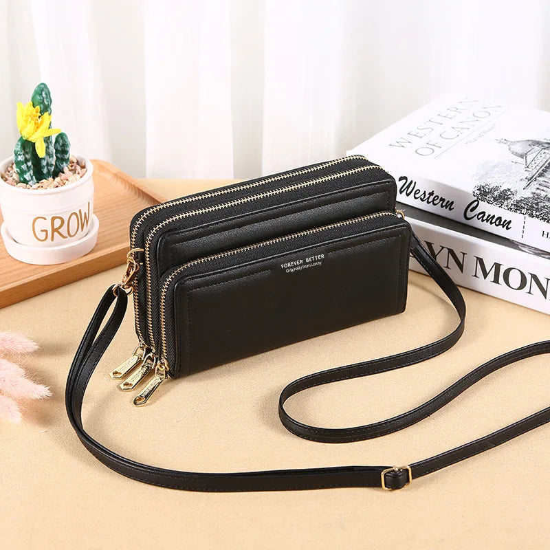 Summer Women's Wallet Long Double Layer Double Zipper Large Capacity PU Shoulder