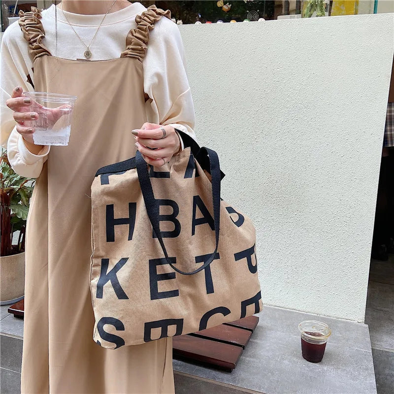 Canvas Shoulder Bag for Women, letter Print Shopping Bags, Grocery Handbag Tote