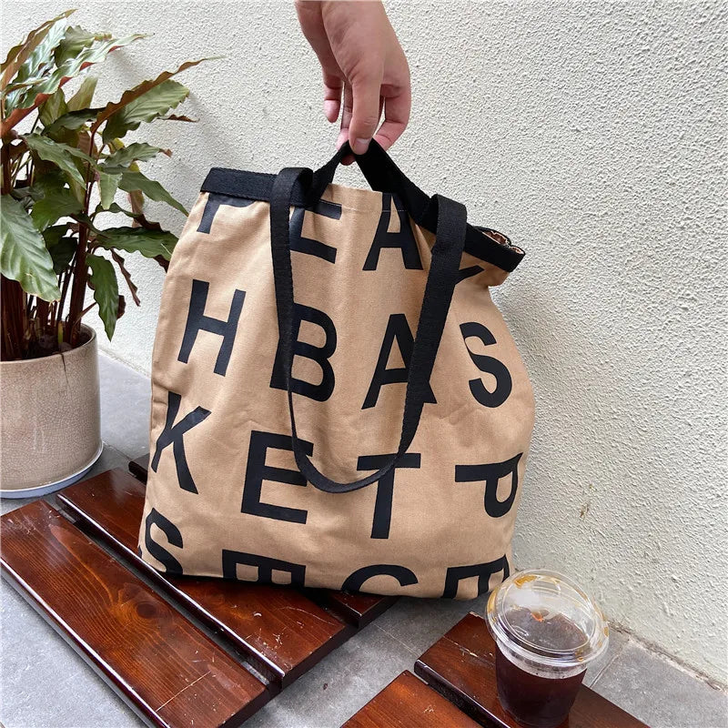 Canvas Shoulder Bag for Women, letter Print Shopping Bags, Grocery Handbag Tote
