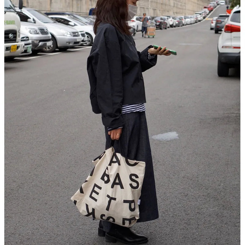 Canvas Shoulder Bag for Women, letter Print Shopping Bags, Grocery Handbag Tote