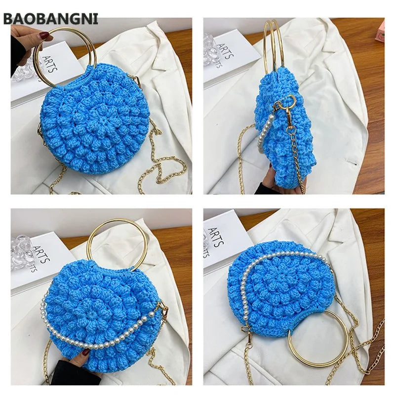 Summer Women Shoulder Bag Ice Silk Weave Round Shape Women Handbag