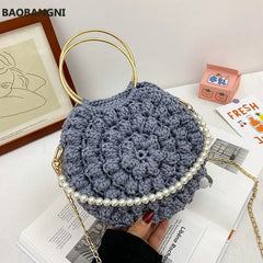 Summer Women Shoulder Bag Ice Silk Weave Round Shape Women Handbag